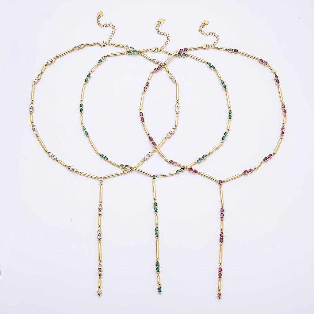 16K Gold Filled 4mm Clear, Green, Fuchsia CZ Teardrop Bar Lariat 17.5 Inch Necklace | WA-00146 WA-00152 WA-00185