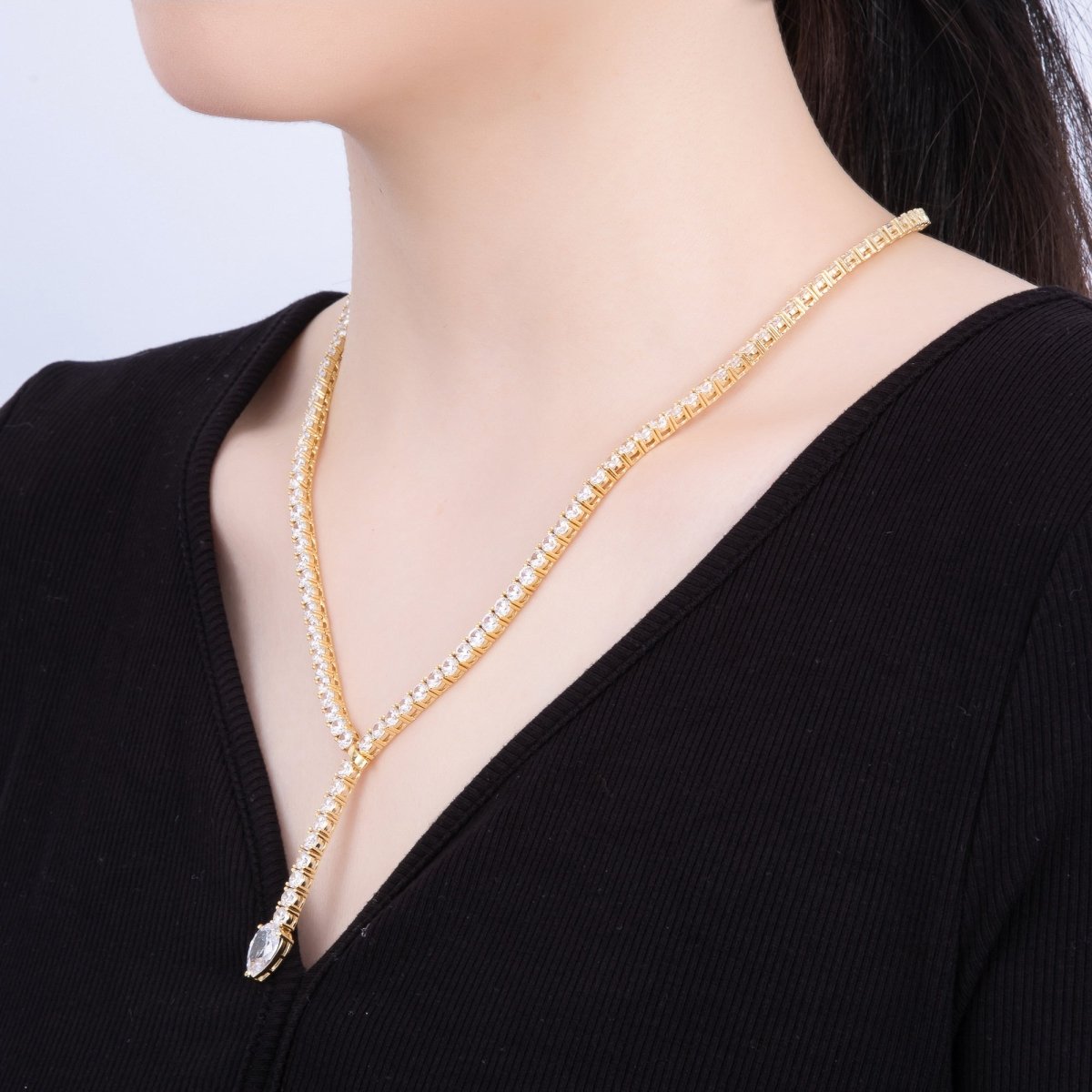 16K Gold Filled 4mm Clear Teardrop CZ Tennis Chain 22.2 Inch Lariat Necklace | WA-04049