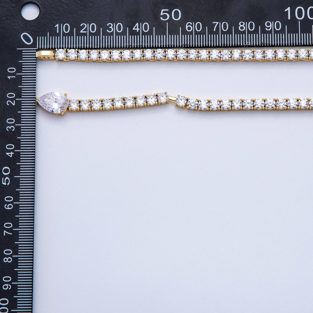 16K Gold Filled 4mm Clear Teardrop CZ Tennis Chain 22.2 Inch Lariat Necklace | WA-04049