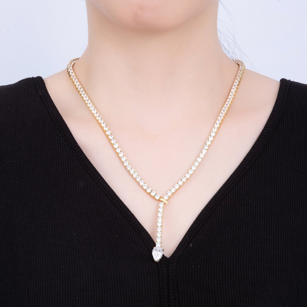 16K Gold Filled 4mm Clear Teardrop CZ Tennis Chain 22.2 Inch Lariat Necklace | WA-04049