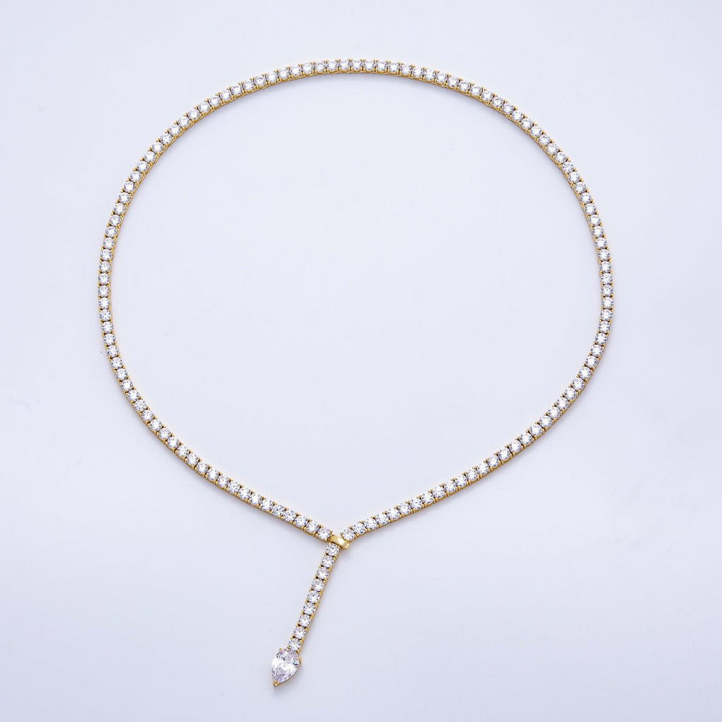 16K Gold Filled 4mm Clear Teardrop CZ Tennis Chain 22.2 Inch Lariat Necklace | WA-04049
