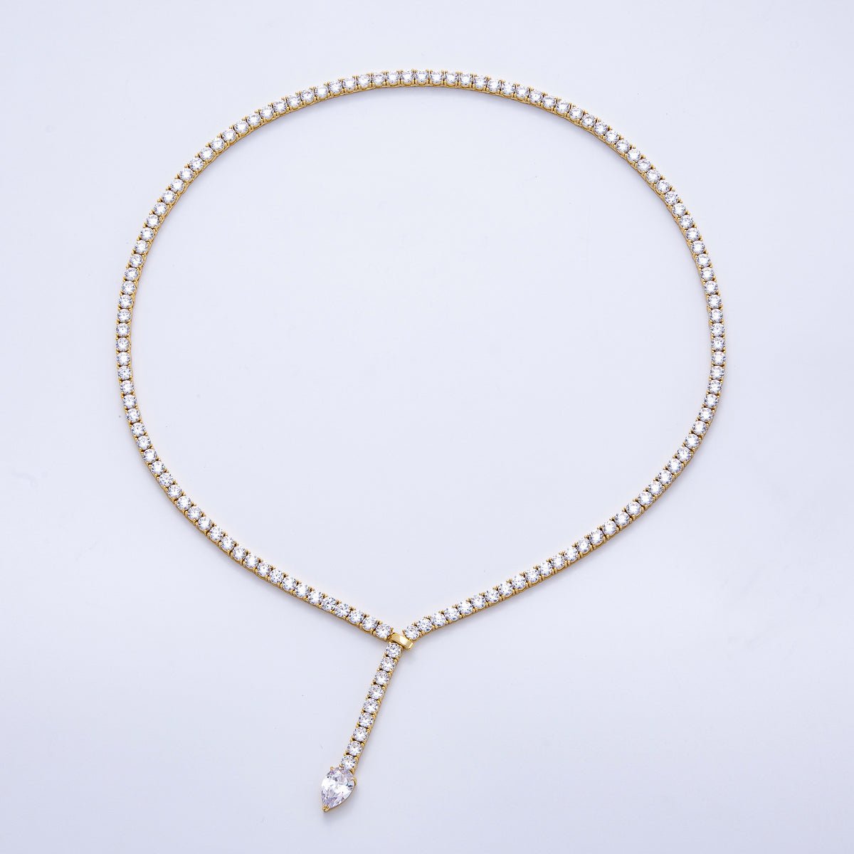 16K Gold Filled 4mm Clear Teardrop CZ Tennis Chain 22.2 Inch Lariat Necklace | WA-04049