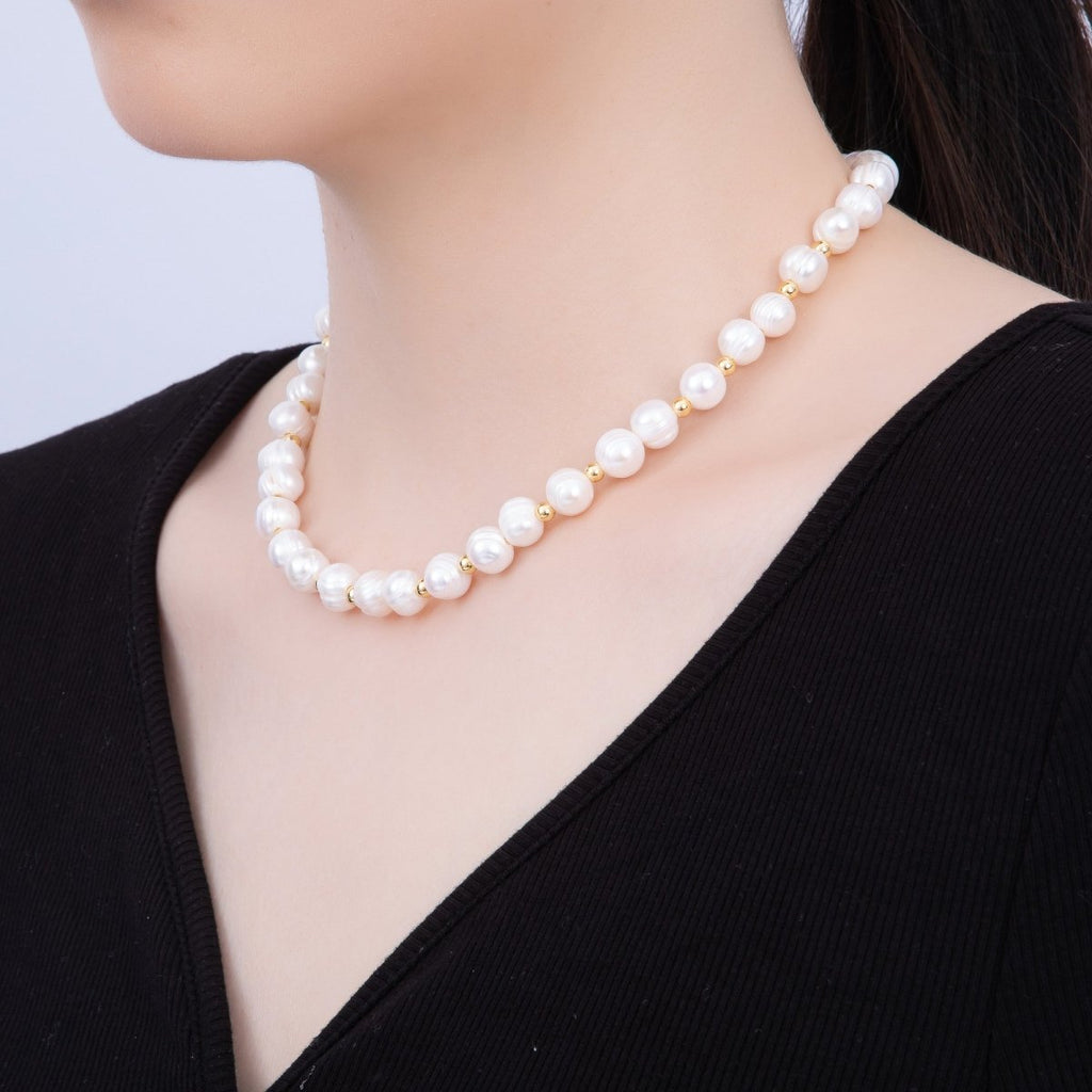 16K Gold Filled 4mm Ribbed Round Freshwater Pearl Bead 17 Inch Necklace | WA-04301