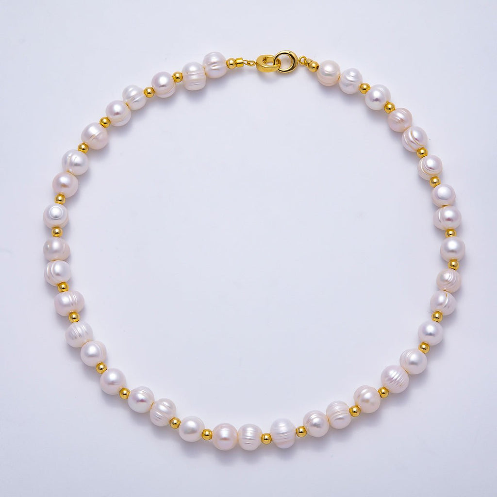 16K Gold Filled 4mm Ribbed Round Freshwater Pearl Bead 17 Inch Necklace | WA-04301