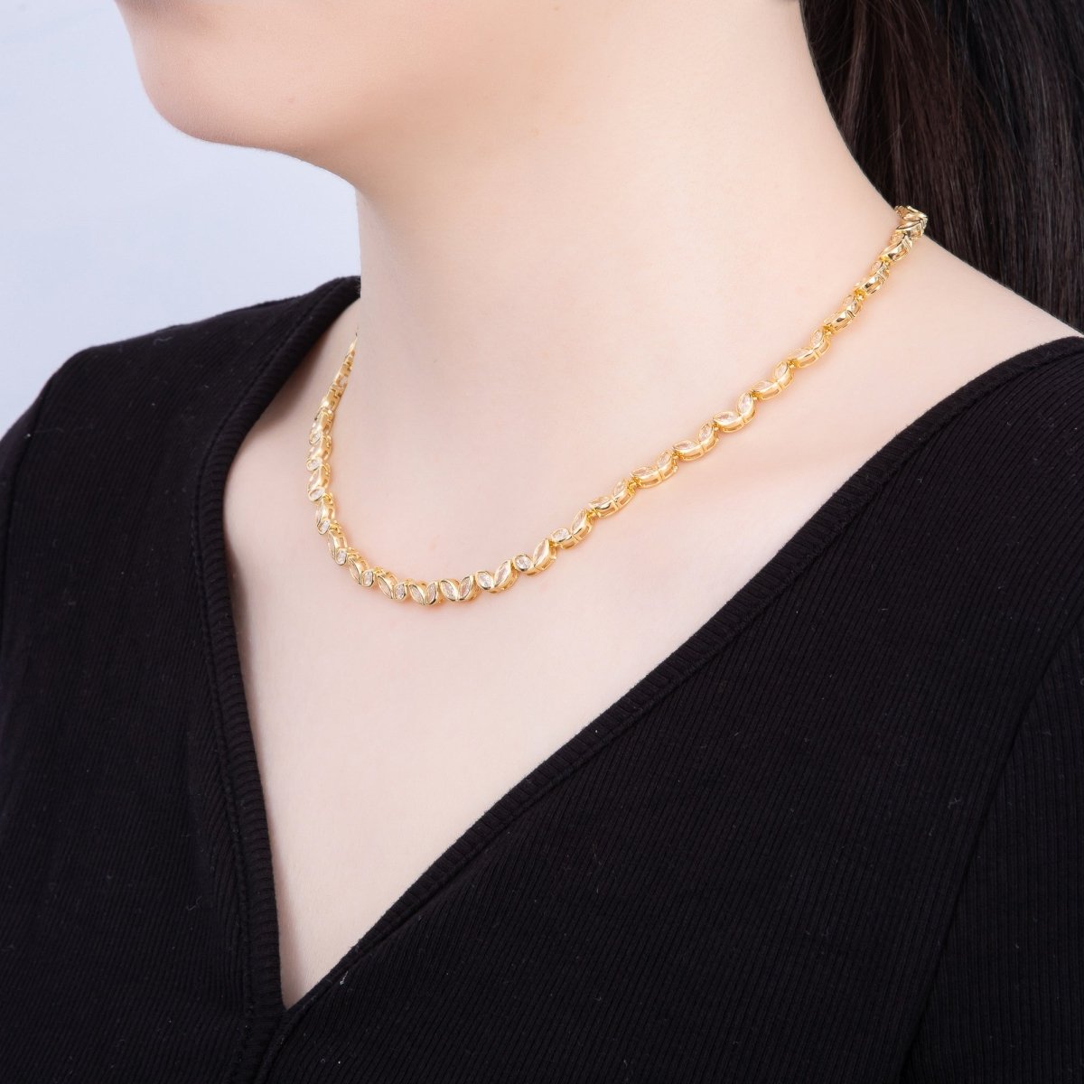 16K Gold Filled 5mm Clear Marquise CZ Tennis Chain 17 Inch Adjustable Necklace | WA-04245