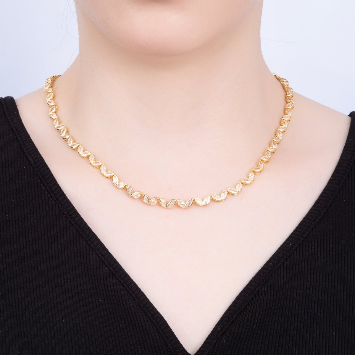 16K Gold Filled 5mm Clear Marquise CZ Tennis Chain 17 Inch Adjustable Necklace | WA-04245