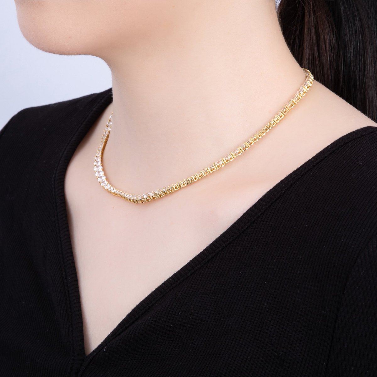 16K Gold Filled 5mm Clear Round CZ Graduated Tennis Chain 16.5 Inch Necklace | WA-04249