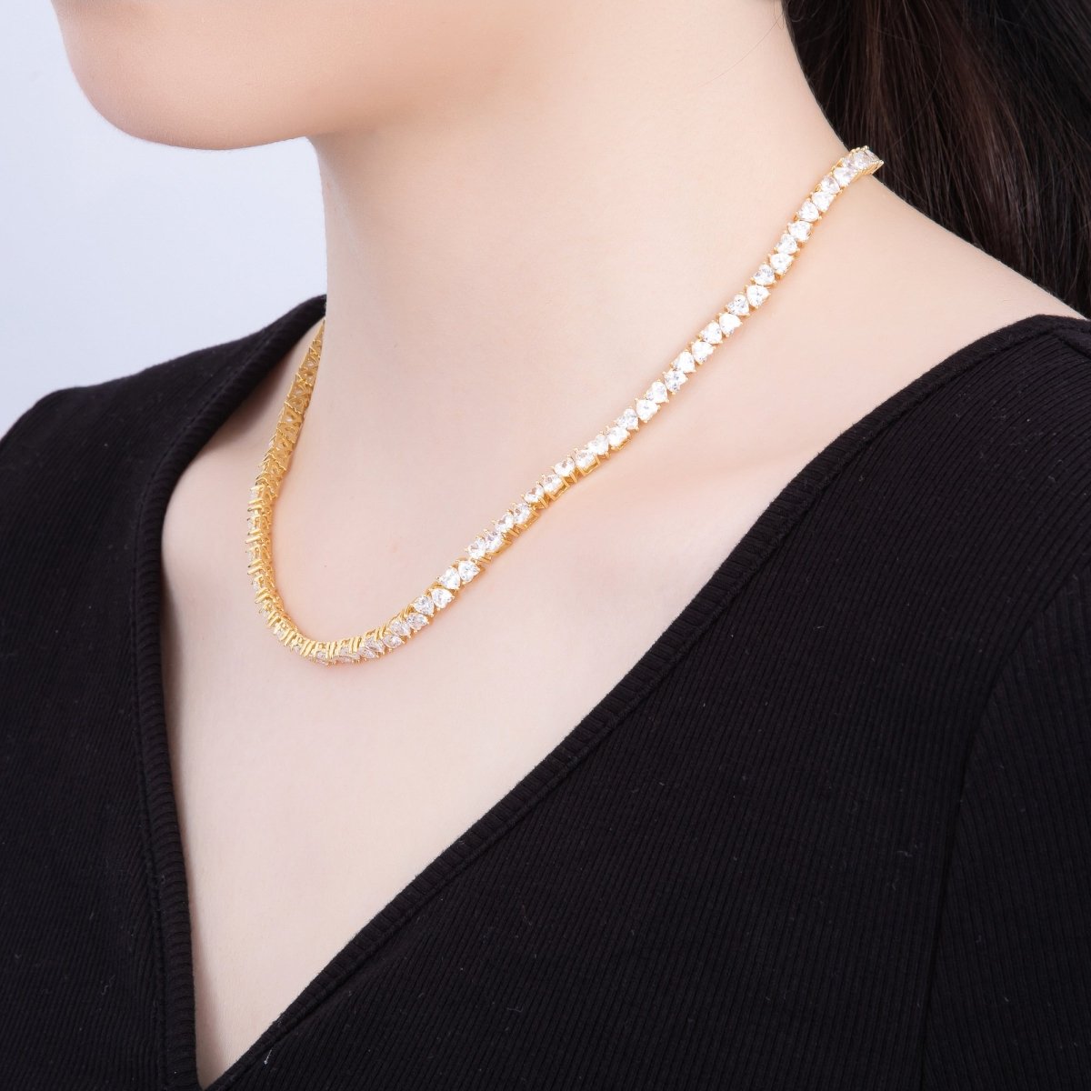 16K Gold Filled 5mm Mini Heart CZ Tennis Chain 17 Inch Adjustable Necklace | WA-04240