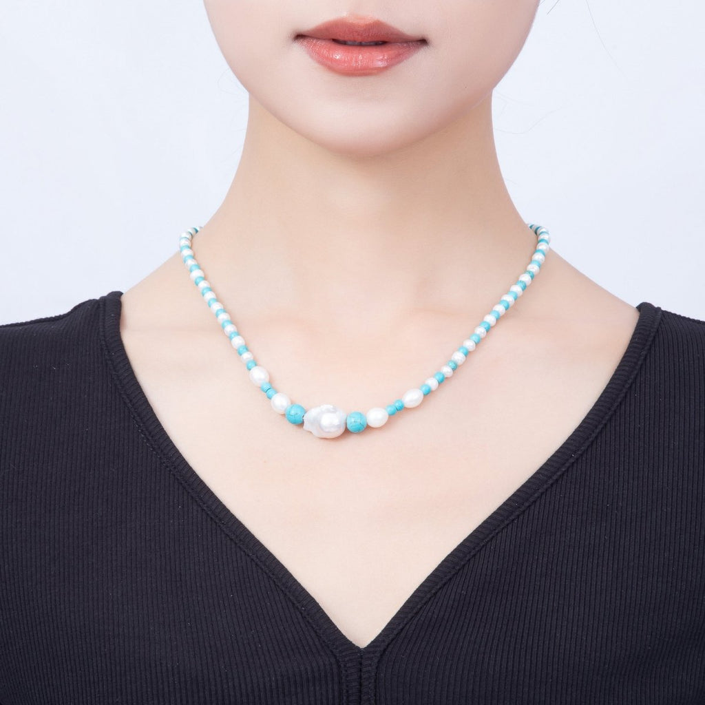 16K Gold Filled 5mm Shell Pearl Turquoise Round Gradient Gemstone Chain 18 Inch Necklace | WA-01508