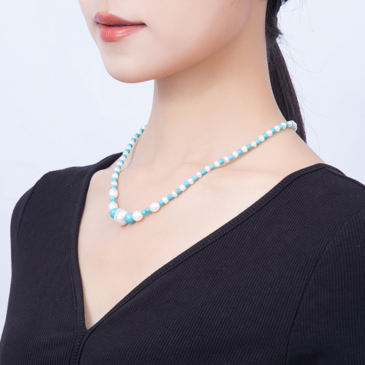 16K Gold Filled 5mm Shell Pearl Turquoise Round Gradient Gemstone Chain 18 Inch Necklace | WA-01508