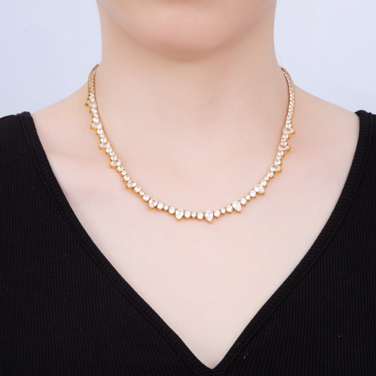 16K Gold Filled 5mm Teardrop  CZ Round Tennis Chain 17 Inch Adjustable Necklace | WA-04344