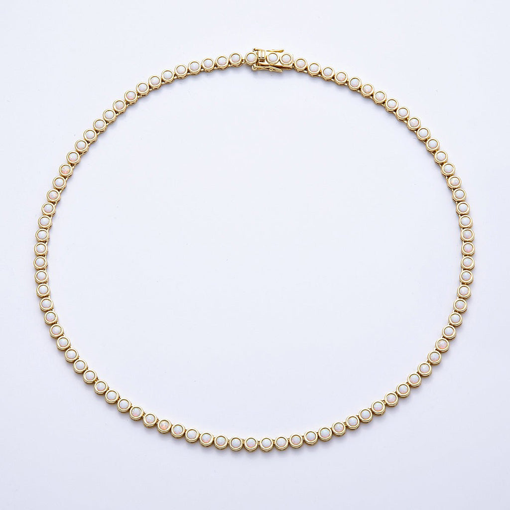 16K Gold Filled 5mm White Opal Round Bezel Tennis Chain 17 Inch Necklace | WA-04211