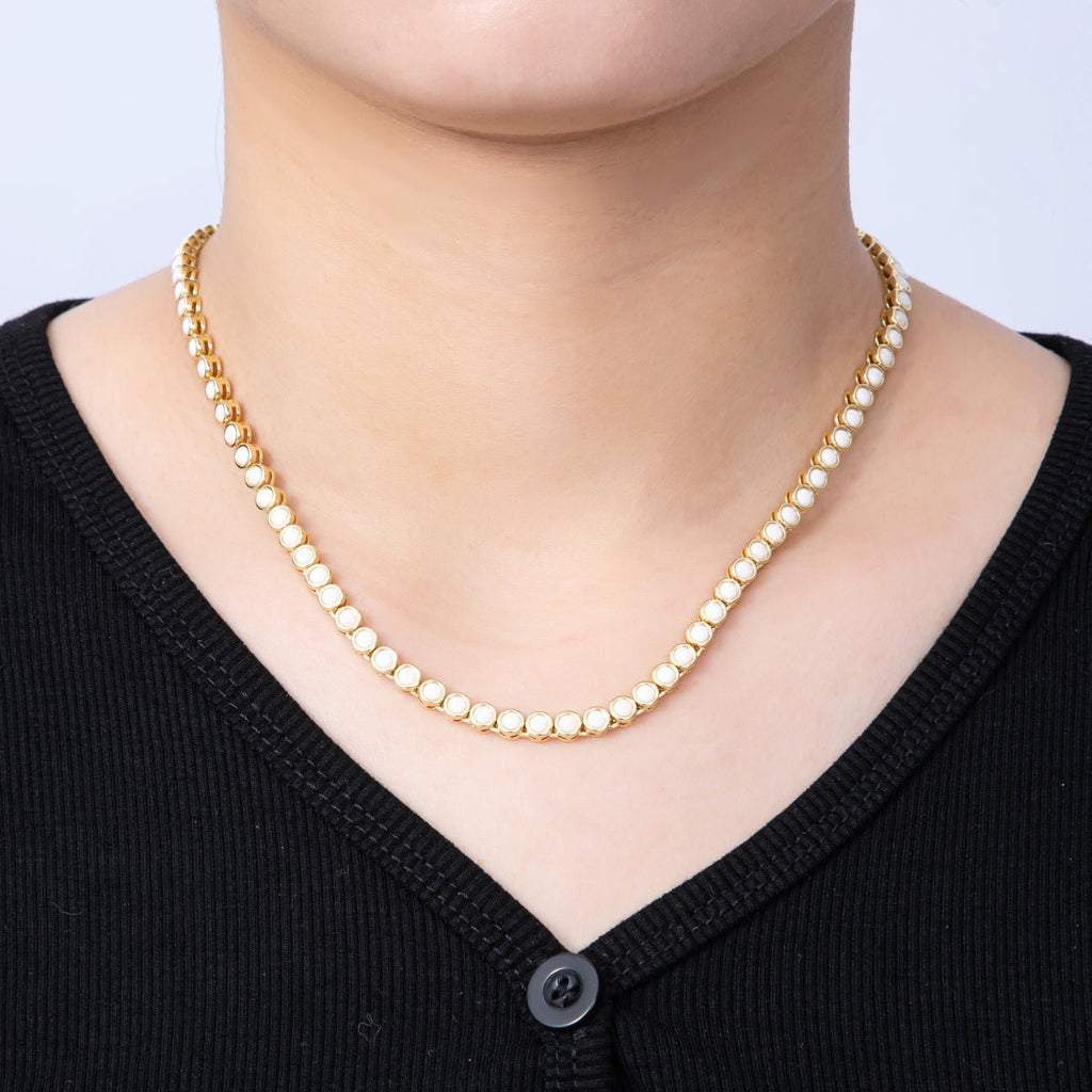 16K Gold Filled 5mm White Opal Round Bezel Tennis Chain 17 Inch Necklace | WA-04211