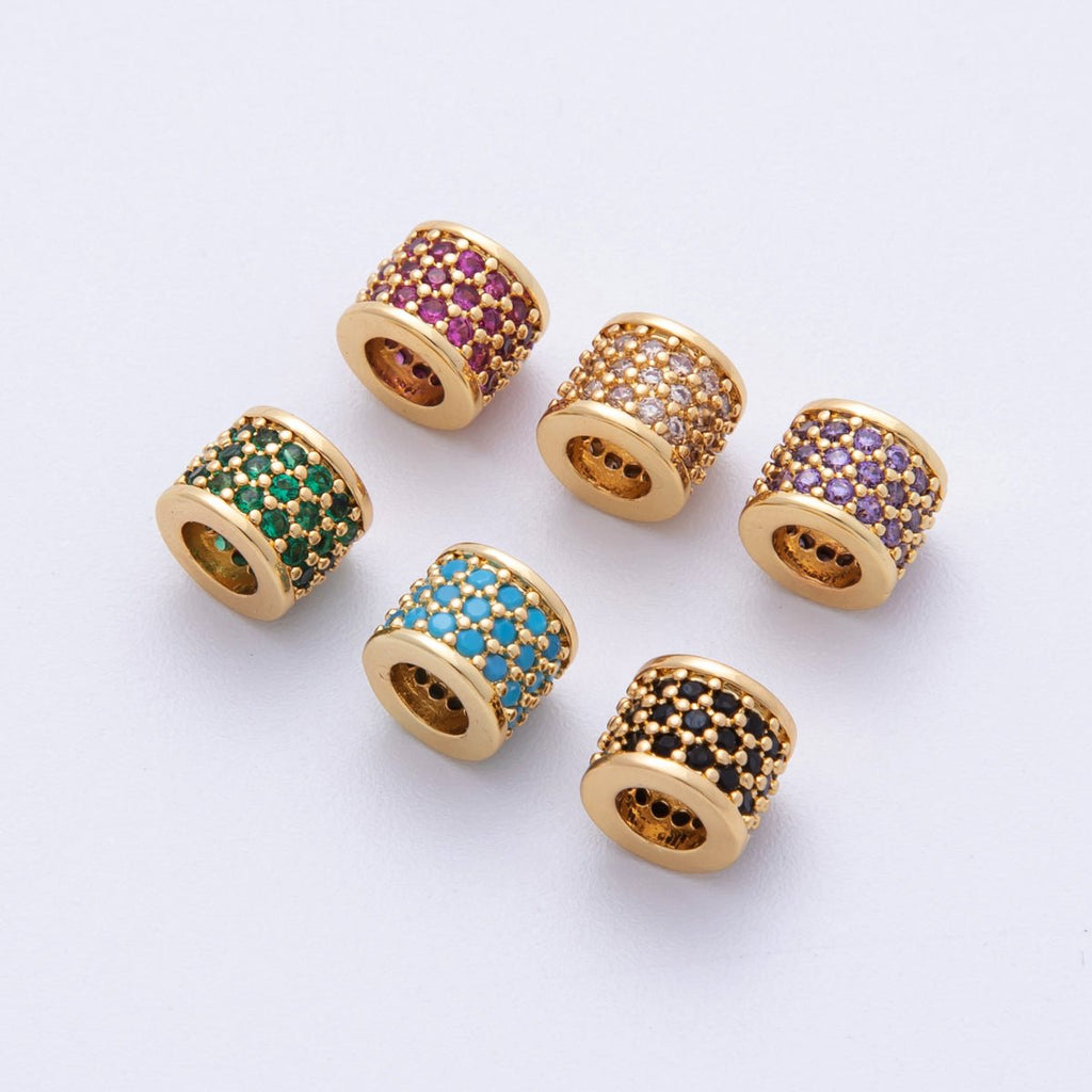 16K Gold Filled 6mm Black, Purple, Clear, Green, Blue, Fuchsia Micro Paved CZ Rondelle Bead | Beads-00022~00027