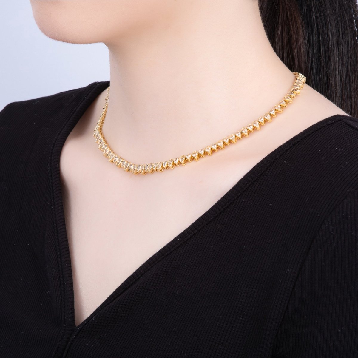 16K Gold Filled 6mm Clear CZ Teardrop Tennis Chain 16 Inch Adjustable Necklace | WA-04243