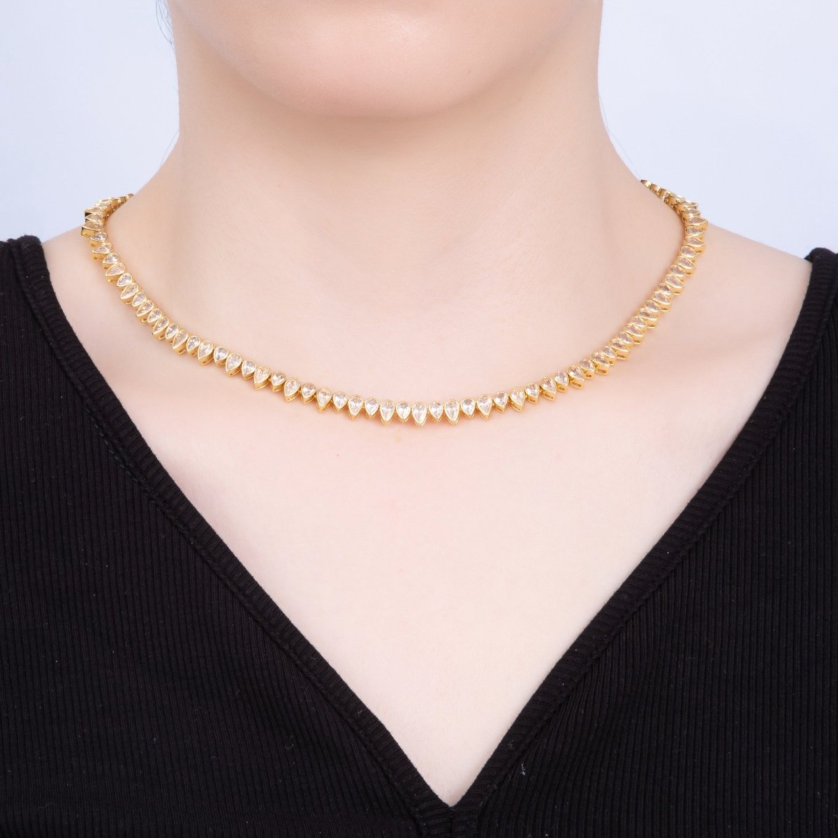 16K Gold Filled 6mm Clear CZ Teardrop Tennis Chain 16 Inch Adjustable Necklace | WA-04243