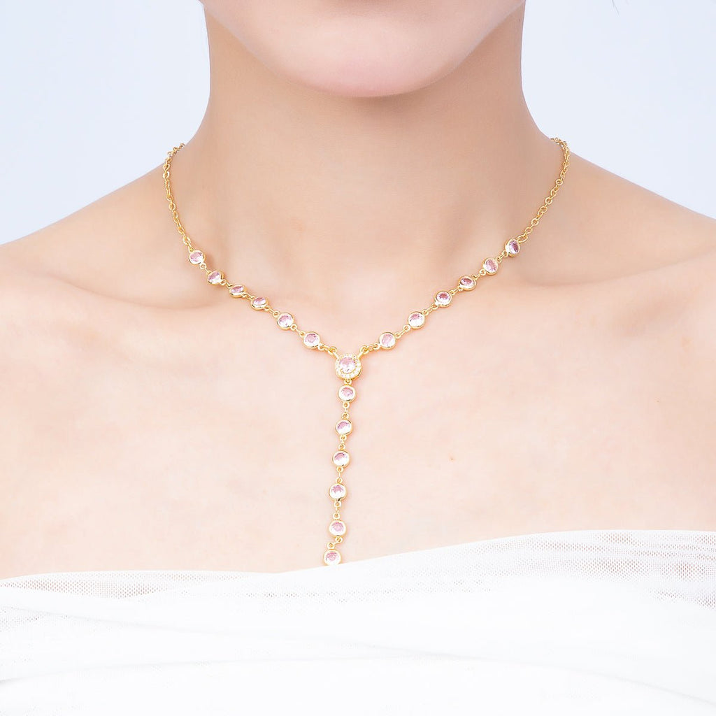16K Gold Filled 6mm Pink Round Bezel Micro Paved CZ Lariat Cable Chain 17 Inch Necklace | WA-04722