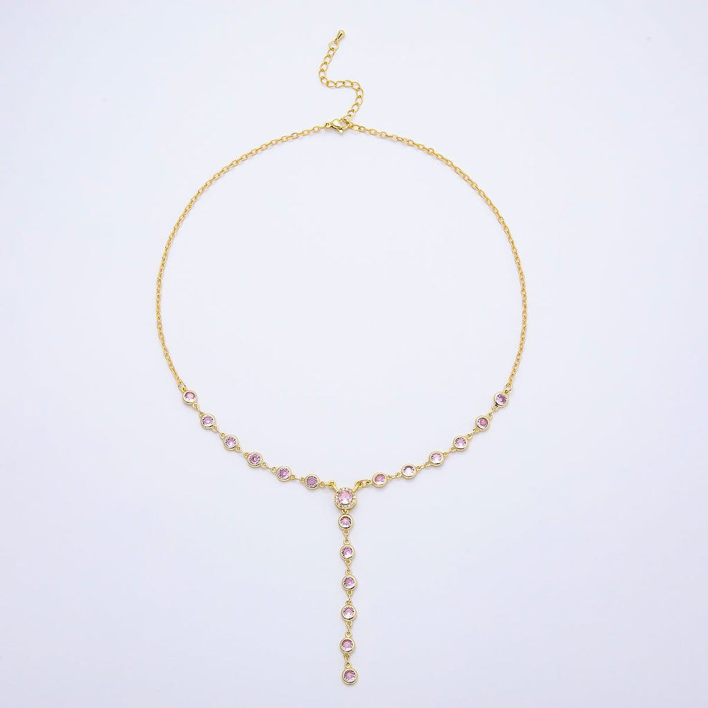 16K Gold Filled 6mm Pink Round Bezel Micro Paved CZ Lariat Cable Chain 17 Inch Necklace | WA-04722