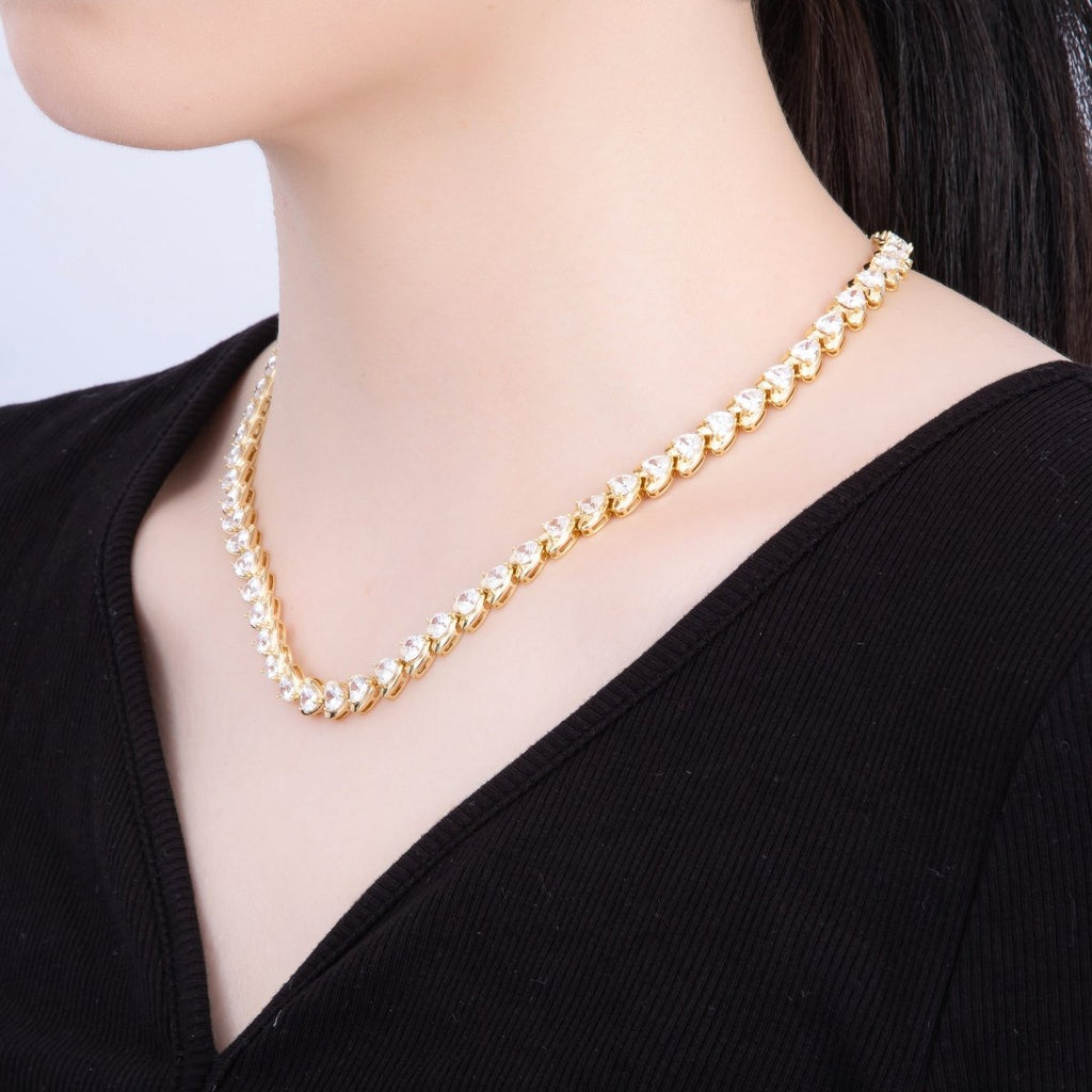 16K Gold Filled 7.4mm Clear CZ Sideways Heart Bezel Tennis Chain 17 Inch Necklace | WA-04239