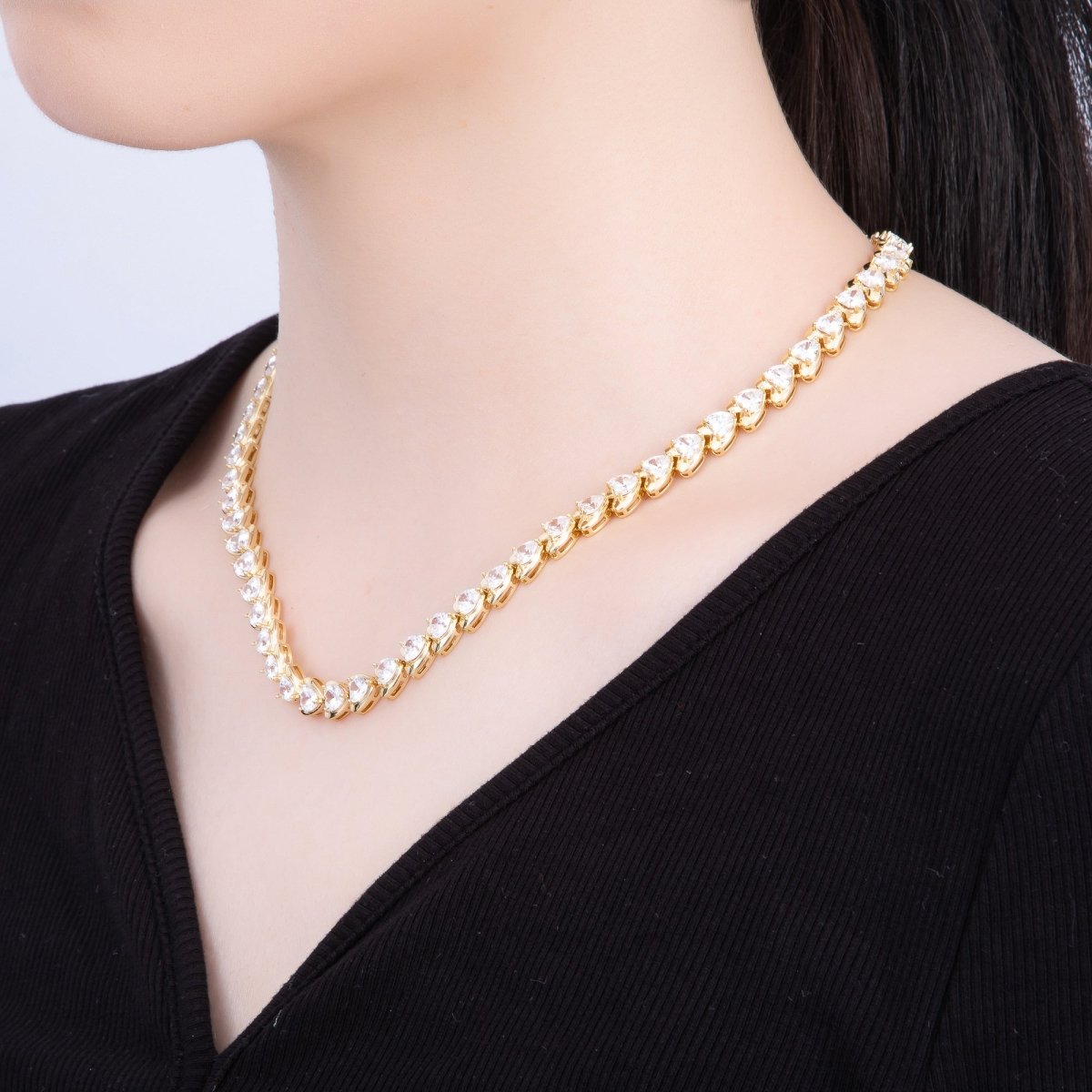 16K Gold Filled 7.4mm Clear CZ Sideways Heart Bezel Tennis Chain 17 Inch Necklace | WA-04239