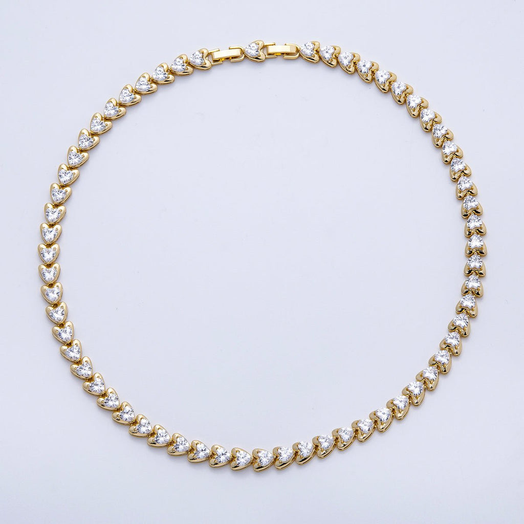 16K Gold Filled 7.4mm Clear CZ Sideways Heart Bezel Tennis Chain 17 Inch Necklace | WA-04239