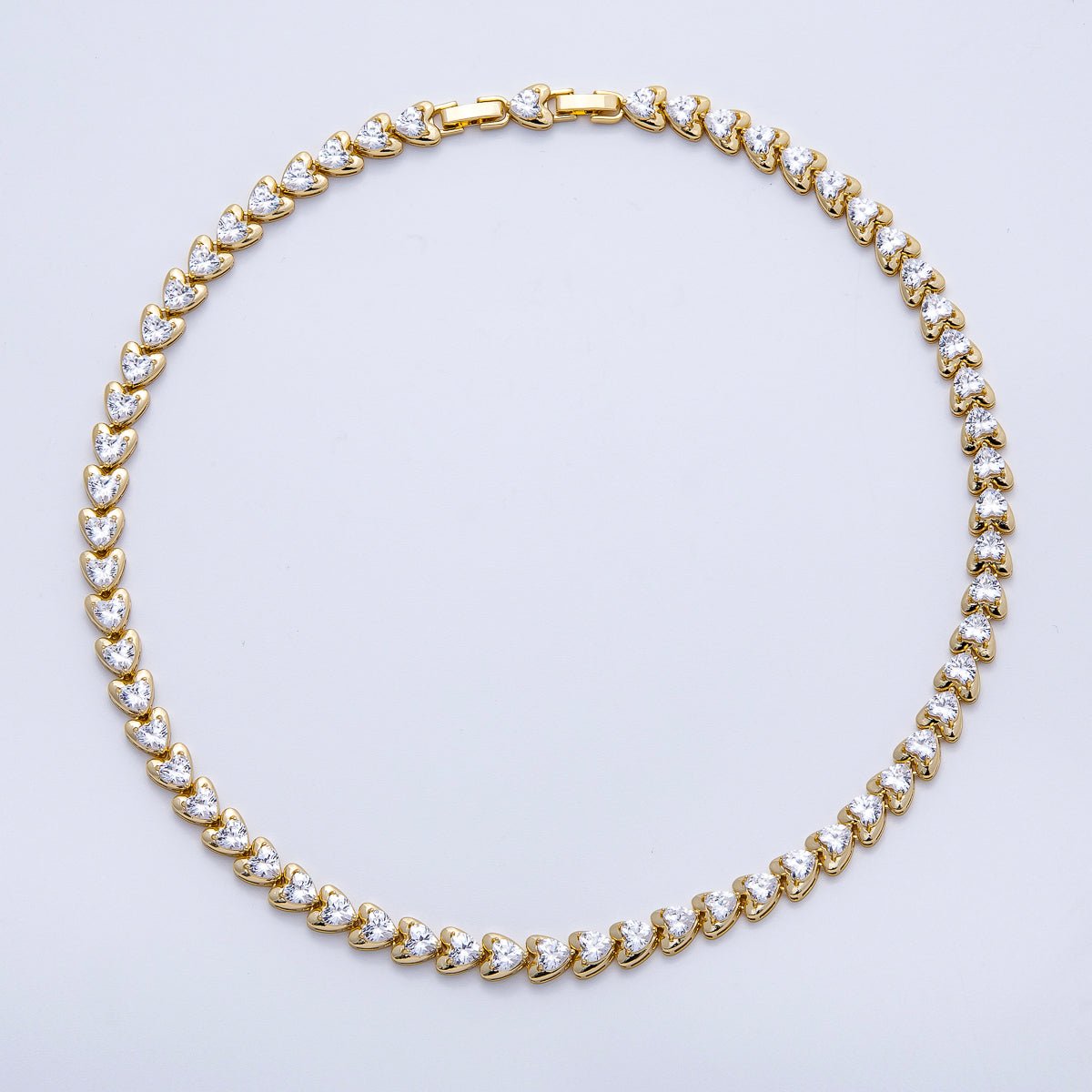 16K Gold Filled 7.4mm Clear CZ Sideways Heart Bezel Tennis Chain 17 Inch Necklace | WA-04239