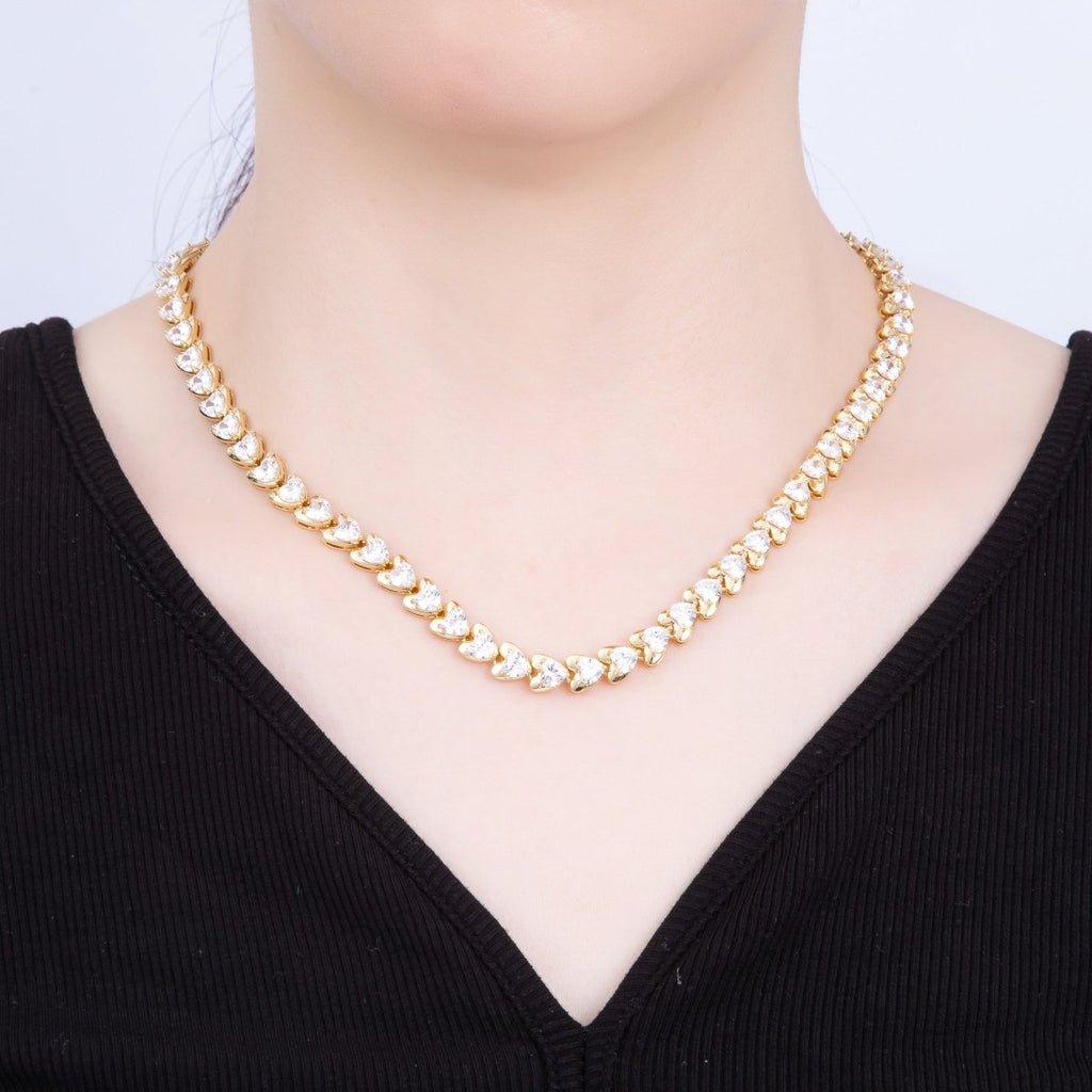 16K Gold Filled 7.4mm Clear CZ Sideways Heart Bezel Tennis Chain 17 Inch Necklace | WA-04239
