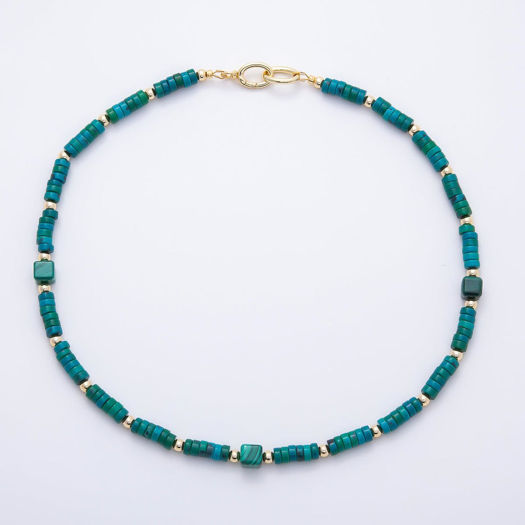 16K Gold Filled 7mm Green Malachite Tube Rondelle Gemstone Chain 20.5 Inch Necklace w. Dual Push Gate Charm Holder | WA-01960
