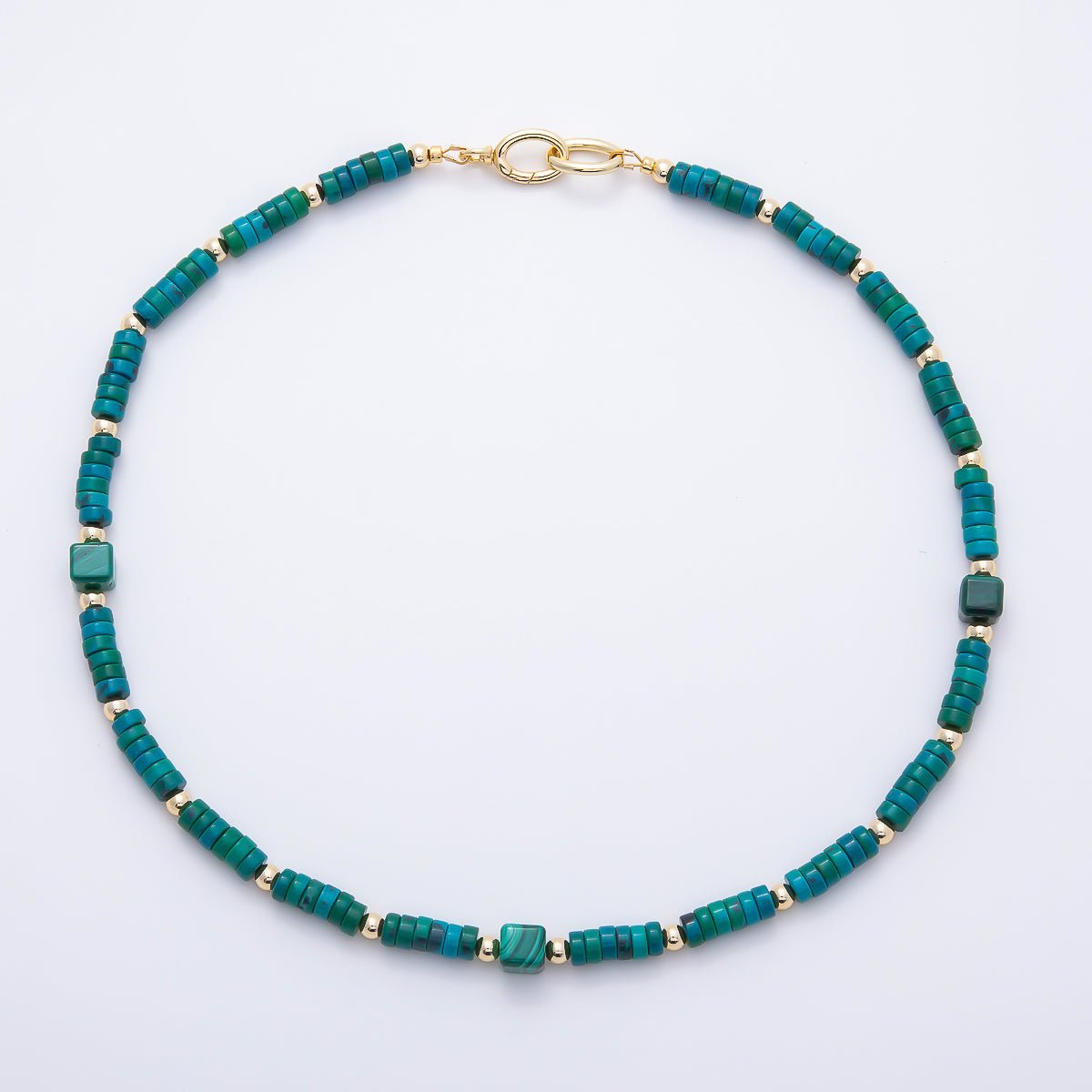 16K Gold Filled 7mm Green Malachite Tube Rondelle Gemstone Chain 20.5 Inch Necklace w. Dual Push Gate Charm Holder | WA-01960