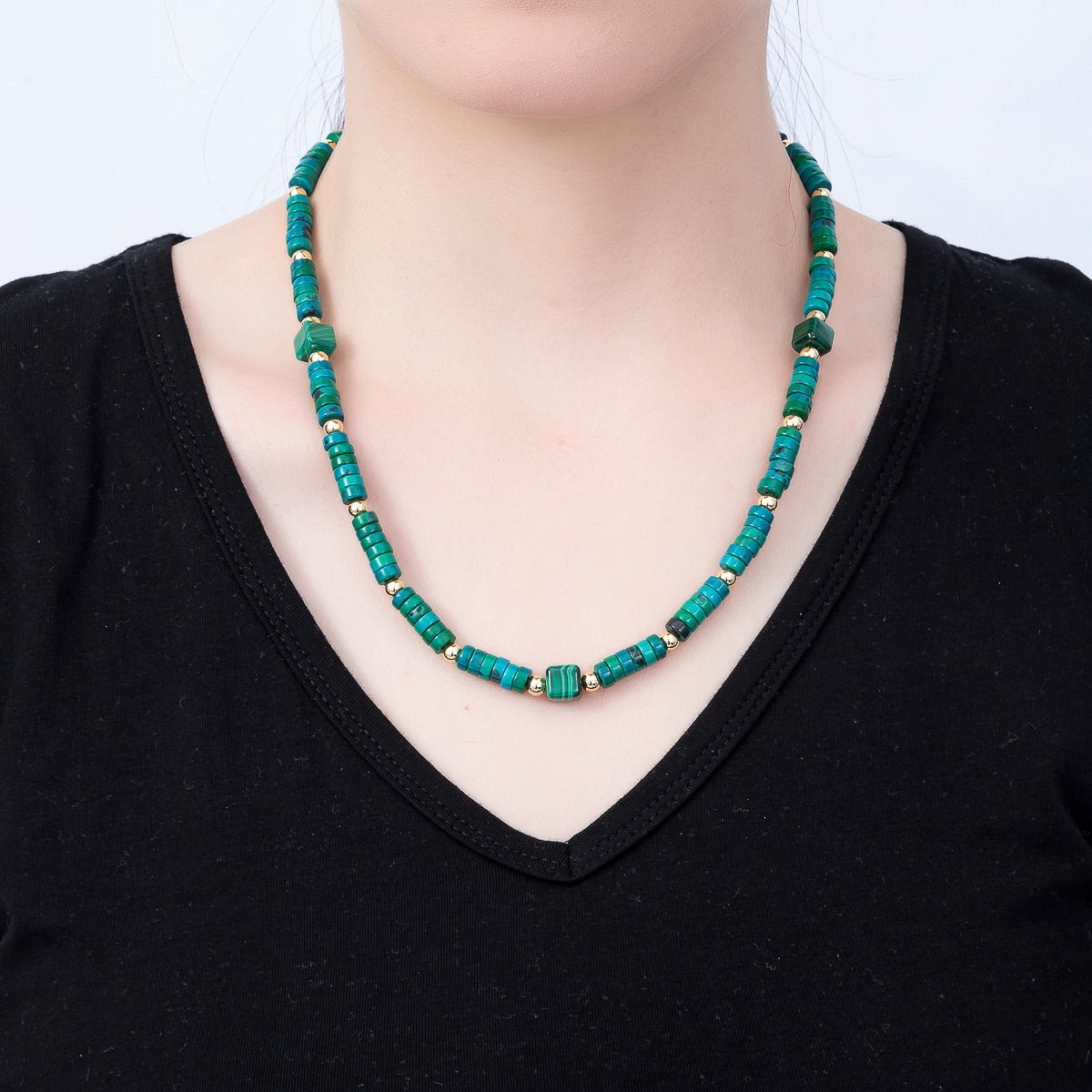 16K Gold Filled 7mm Green Malachite Tube Rondelle Gemstone Chain 20.5 Inch Necklace w. Dual Push Gate Charm Holder | WA-01960