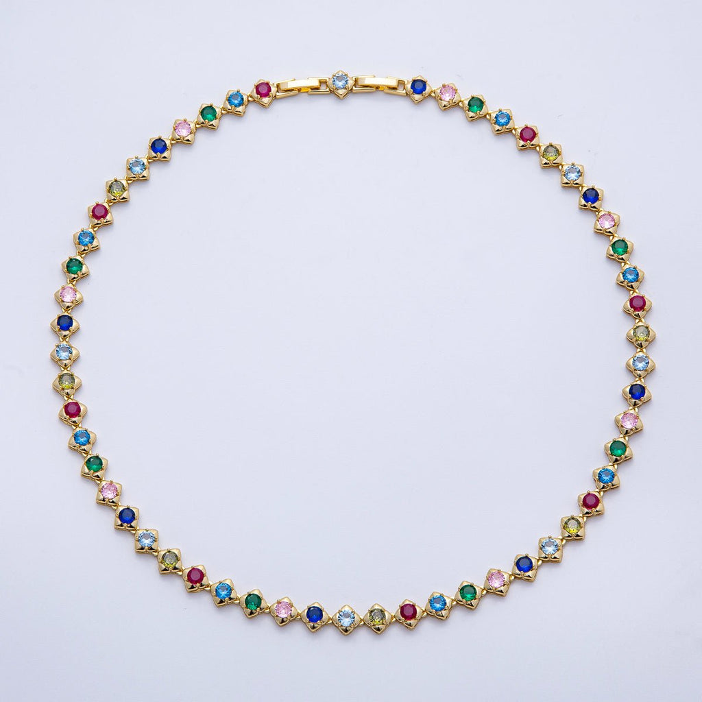 16K Gold Filled 7mm Multicolor CZ Round Rhombus Tennis Chain 17 Inch Adjustable Necklace | WA-04247