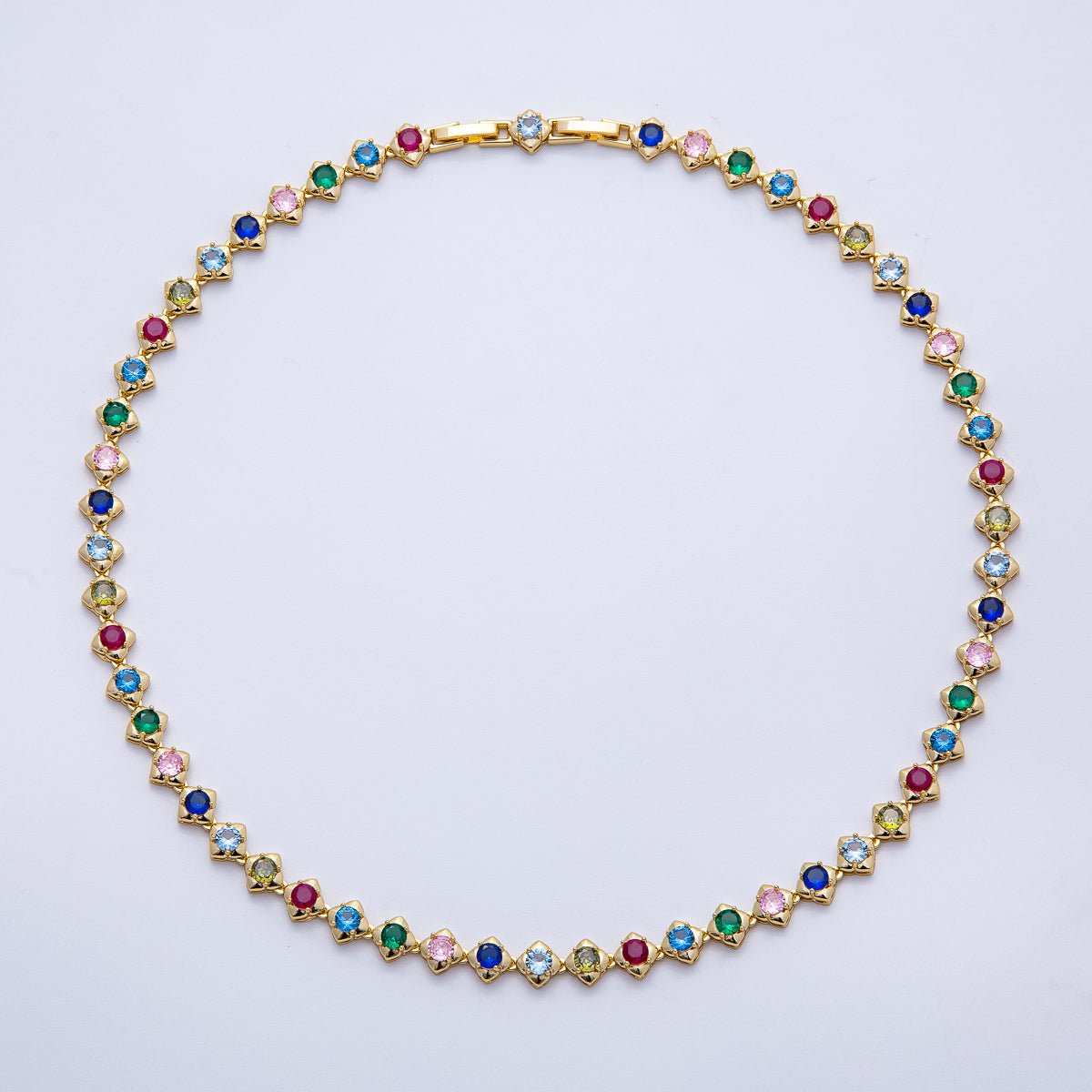 16K Gold Filled 7mm Multicolor CZ Round Rhombus Tennis Chain 17 Inch Adjustable Necklace | WA-04247