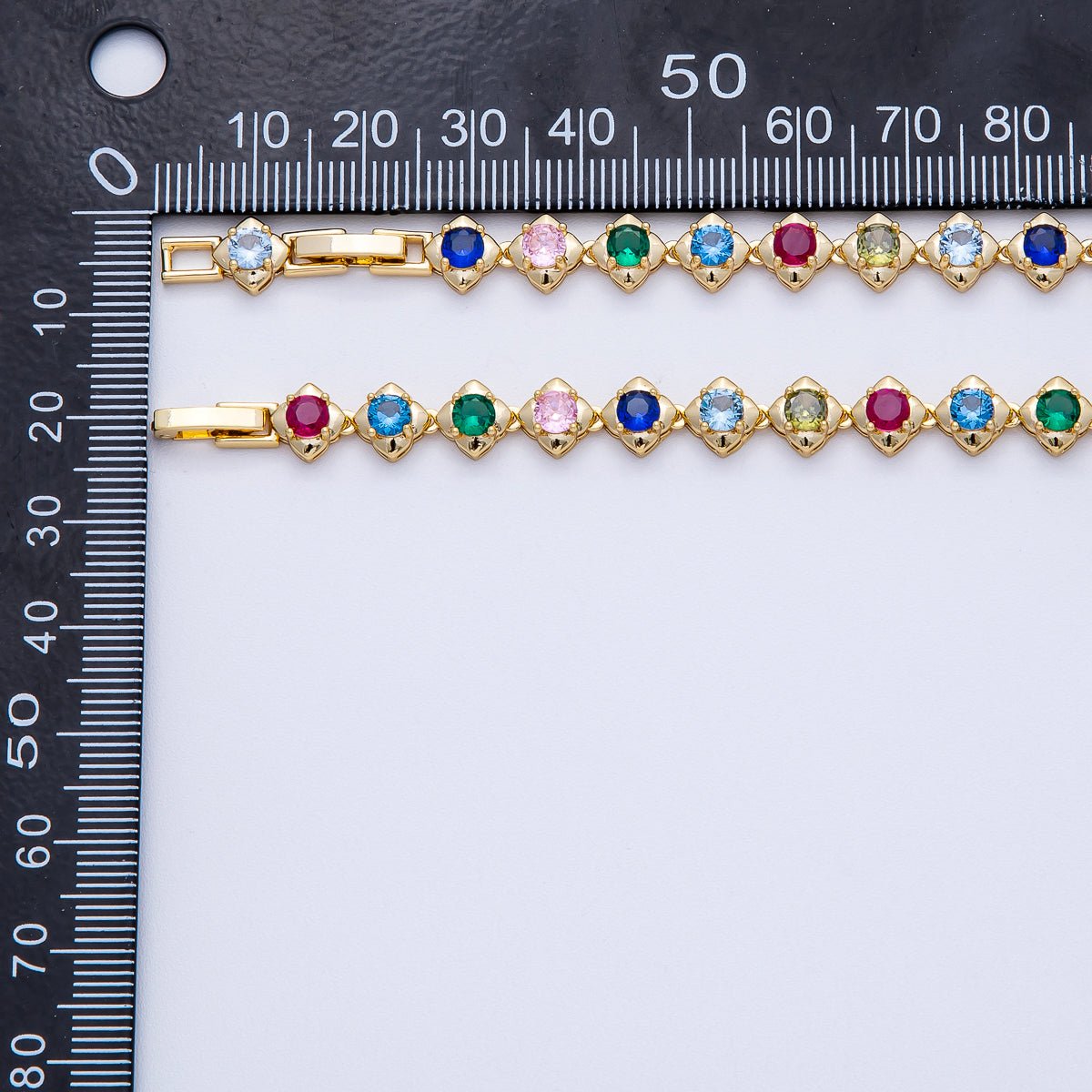 16K Gold Filled 7mm Multicolor CZ Round Rhombus Tennis Chain 17 Inch Adjustable Necklace | WA-04247