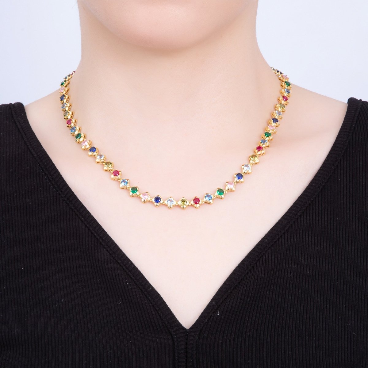 16K Gold Filled 7mm Multicolor CZ Round Rhombus Tennis Chain 17 Inch Adjustable Necklace | WA-04247