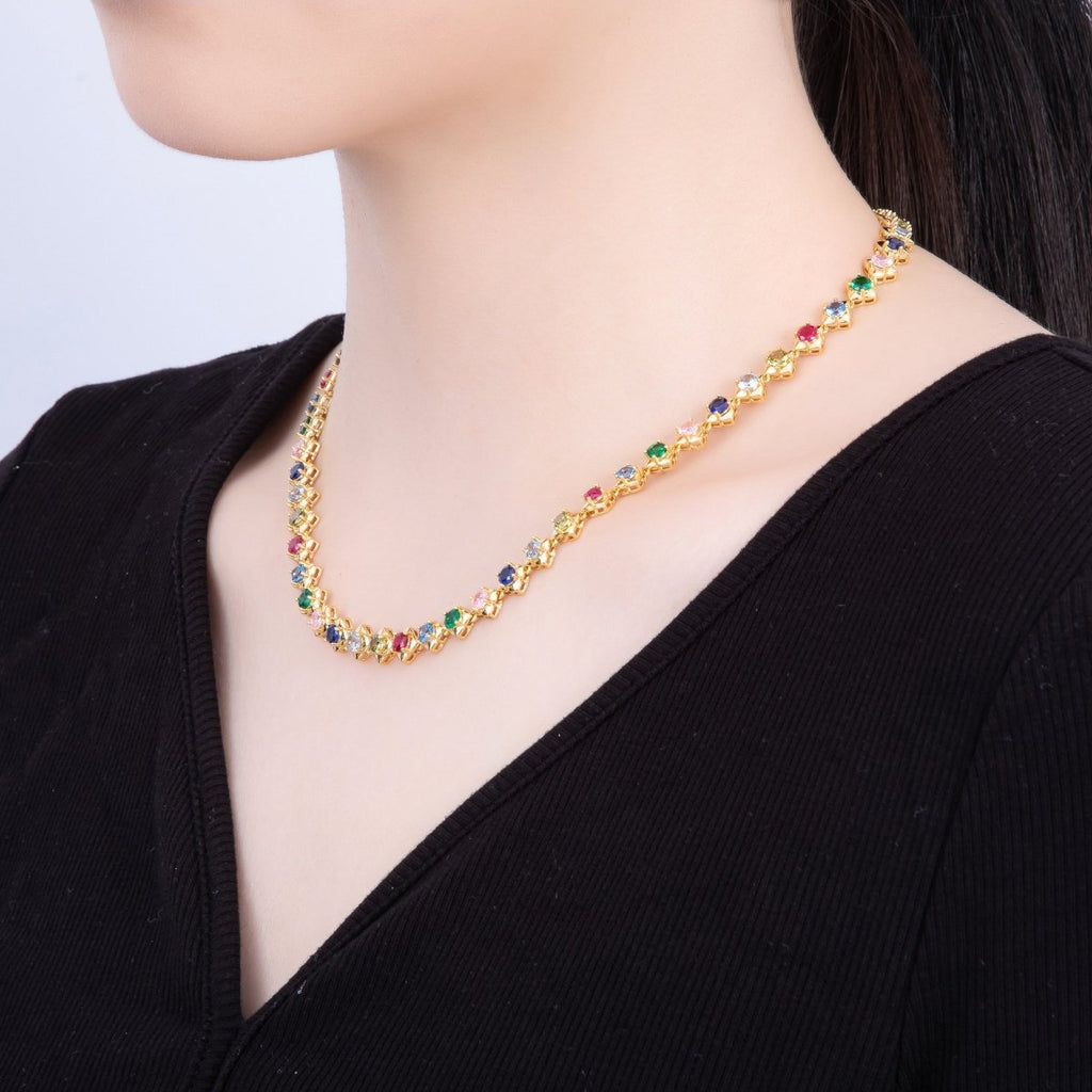 16K Gold Filled 7mm Multicolor CZ Round Rhombus Tennis Chain 17 Inch Adjustable Necklace | WA-04247