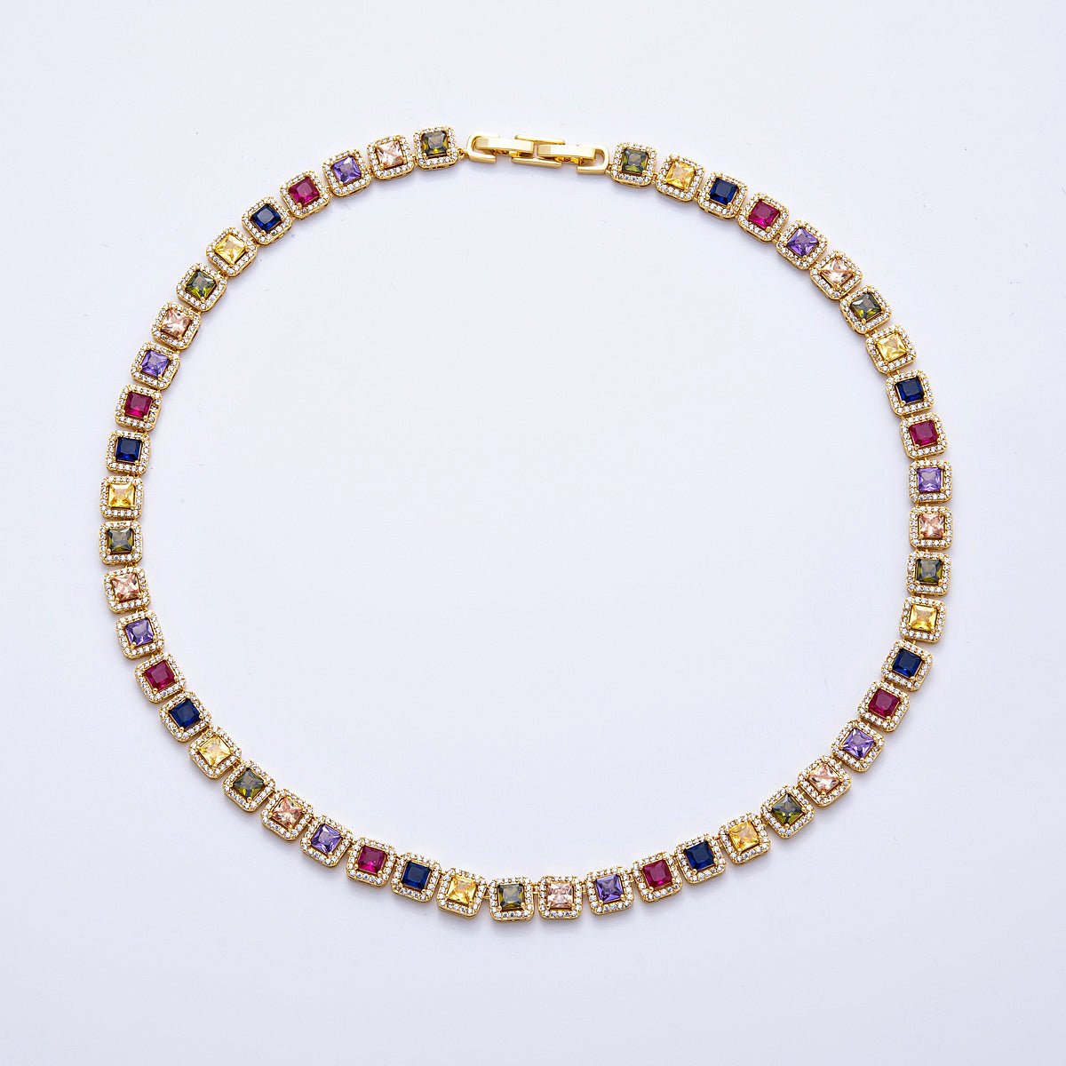 16K Gold Filled 7mm Multicolor Square Micro Paved CZ Tennis Chain 16 Inch Choker Necklace | WA-04210