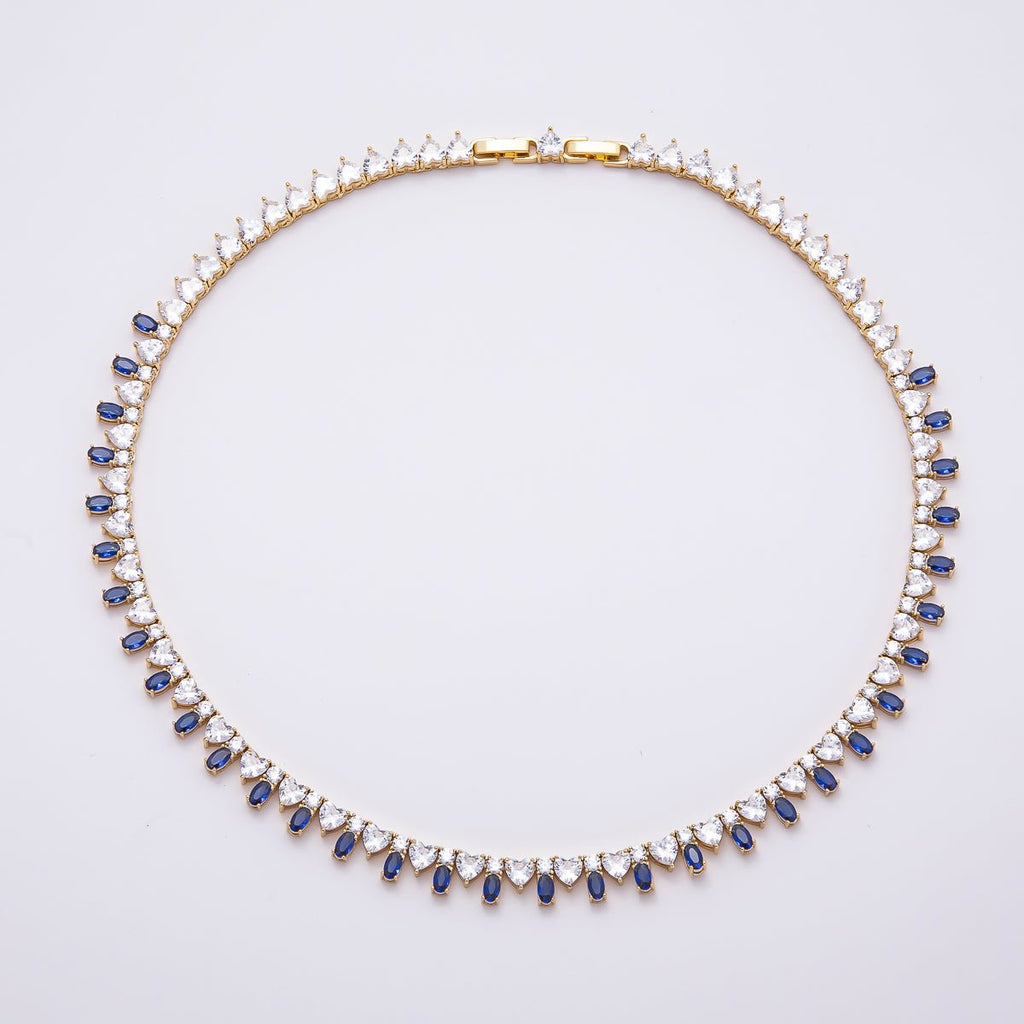 16K Gold Filled 8mm Blue Clear Oval Heart Tennis Chain 17 Inch Adjustable Necklace | WA-04547
