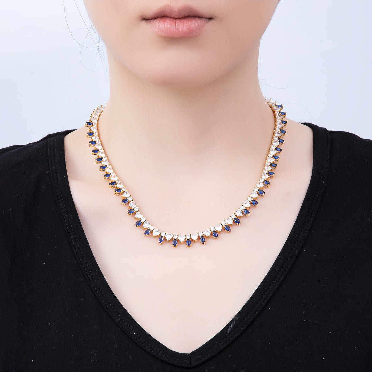 16K Gold Filled 8mm Blue Clear Oval Heart Tennis Chain 17 Inch Adjustable Necklace | WA-04547