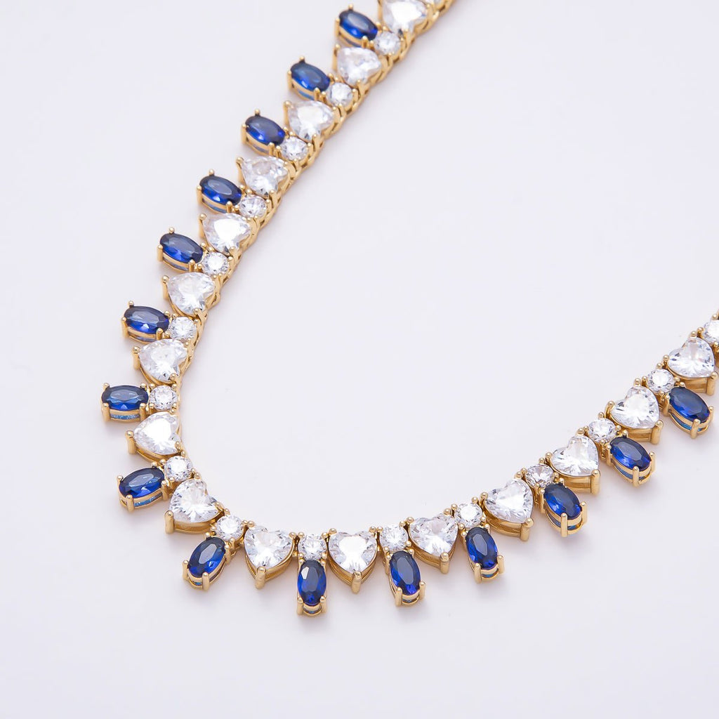 16K Gold Filled 8mm Blue Clear Oval Heart Tennis Chain 17 Inch Adjustable Necklace | WA-04547