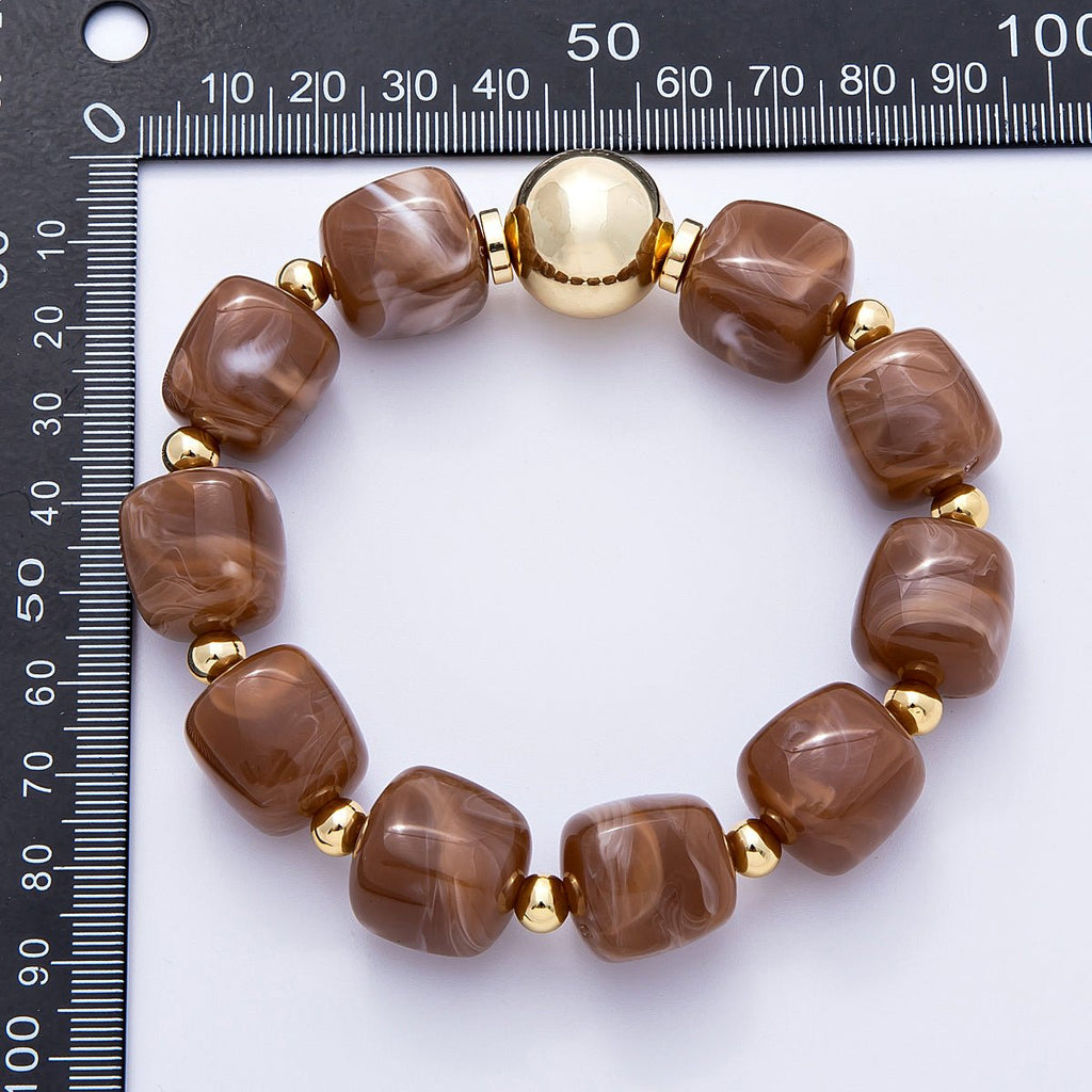 16K Gold Filled 8mm Brown, Green Marble Resin Bead Geometric Stretch Bracelet | WA-4147 WA-4148