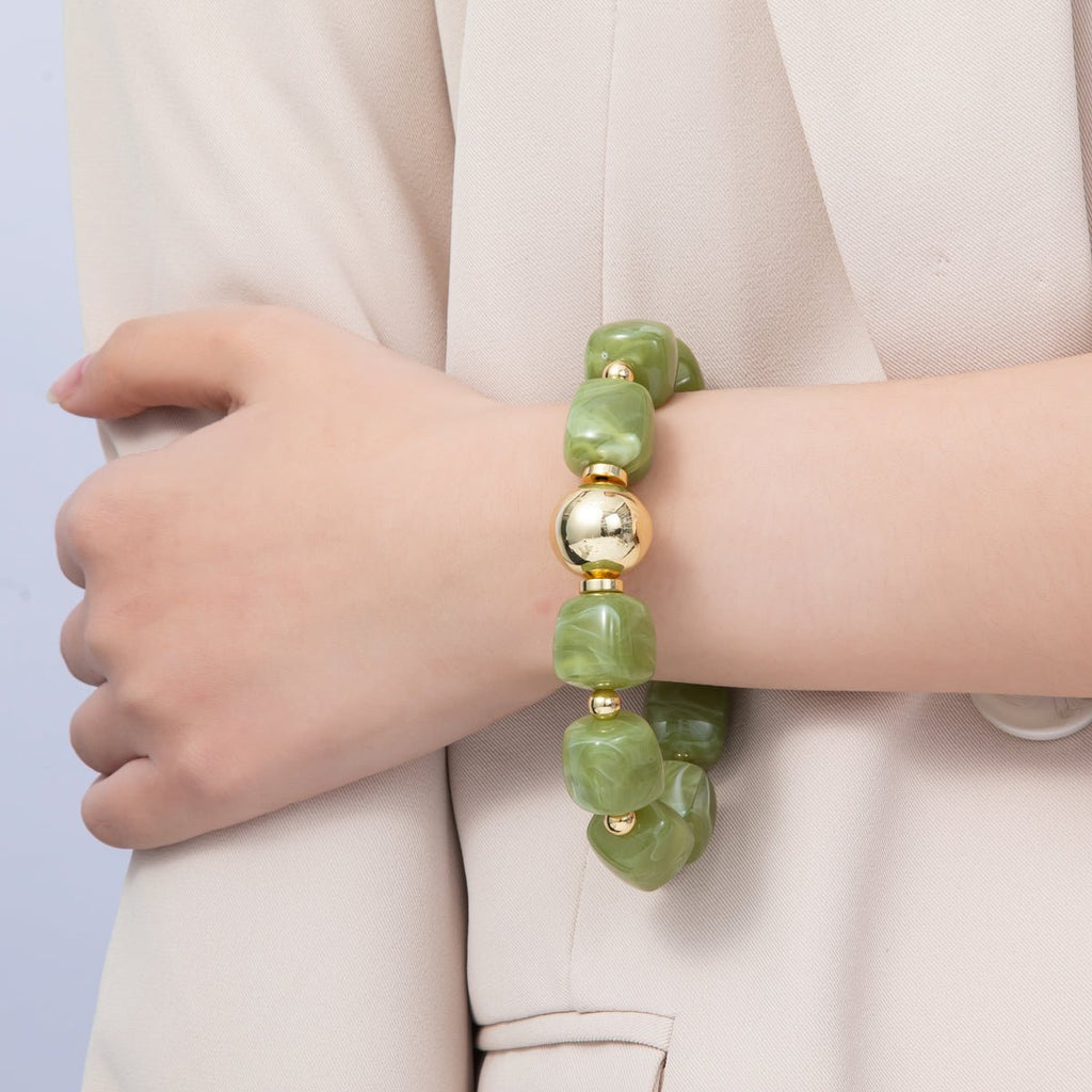 16K Gold Filled 8mm Brown, Green Marble Resin Bead Geometric Stretch Bracelet | WA-4147 WA-4148