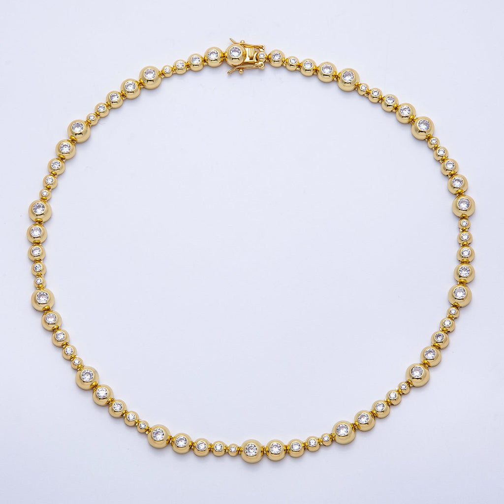 16K Gold Filled 8mm Clear CZ Round Graduated Bubble Ball Chain 17 Inch Necklace | WA-04248