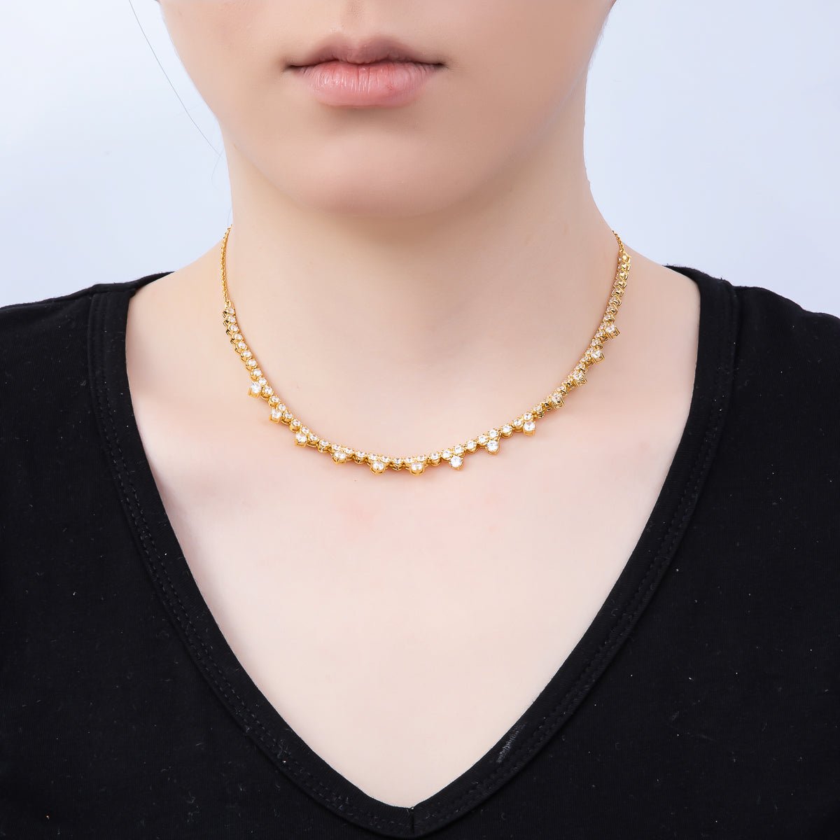 16K Gold Filled 8mm Clear Round CZ Tennis Teeth Cable Chain Choker 16 Inch Necklace w. Extender | WA-04486