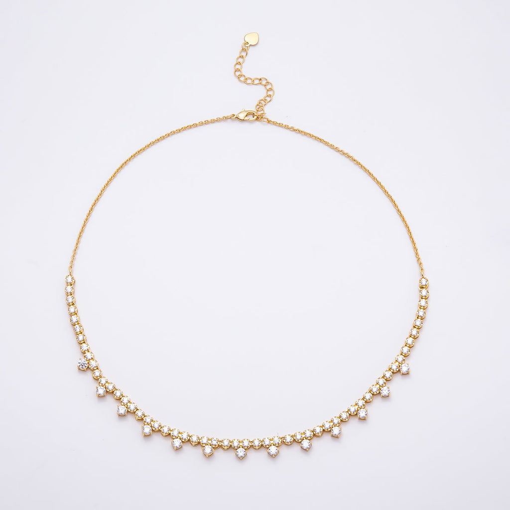 16K Gold Filled 8mm Clear Round CZ Tennis Teeth Cable Chain Choker 16 Inch Necklace w. Extender | WA-04486