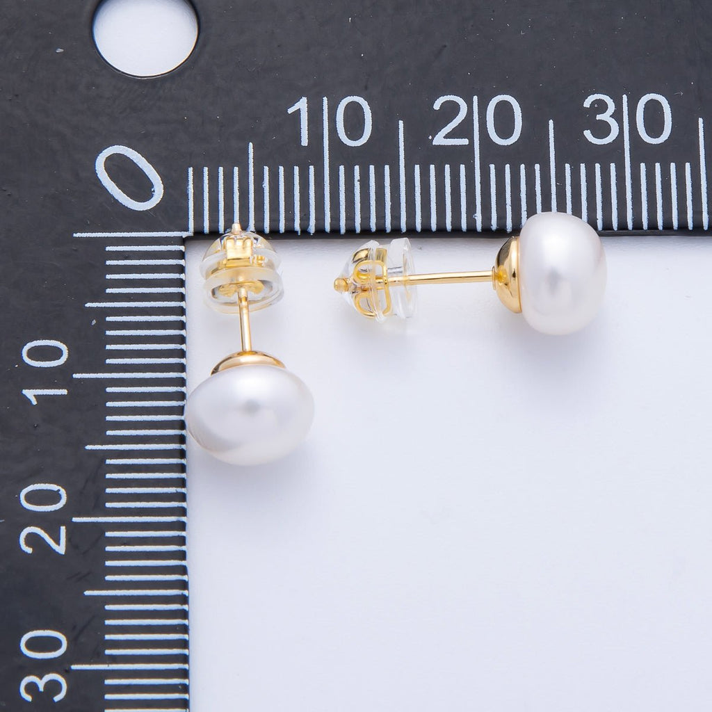16K Gold Filled 8mm White Shell Pearl Button Minimalist Stud | Earrings-00218