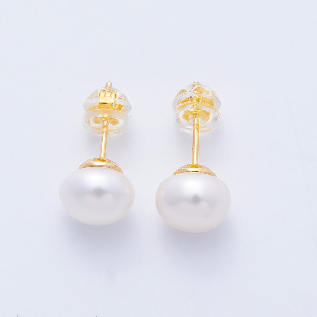 16K Gold Filled 8mm White Shell Pearl Button Minimalist Stud | Earrings-00218