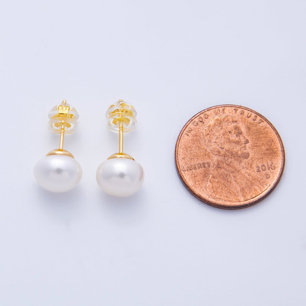 16K Gold Filled 8mm White Shell Pearl Button Minimalist Stud | Earrings-00218