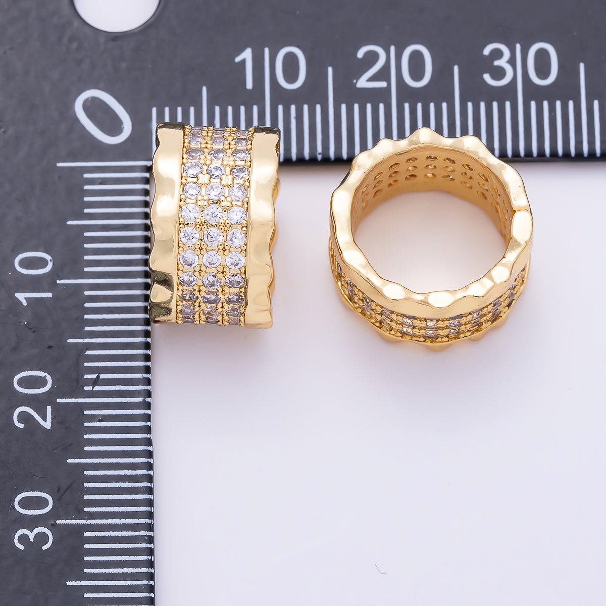 16K Gold Filled 16mm Micro Paved CZ Lined Molten Wavy Rondelle Bead | Beads-00533