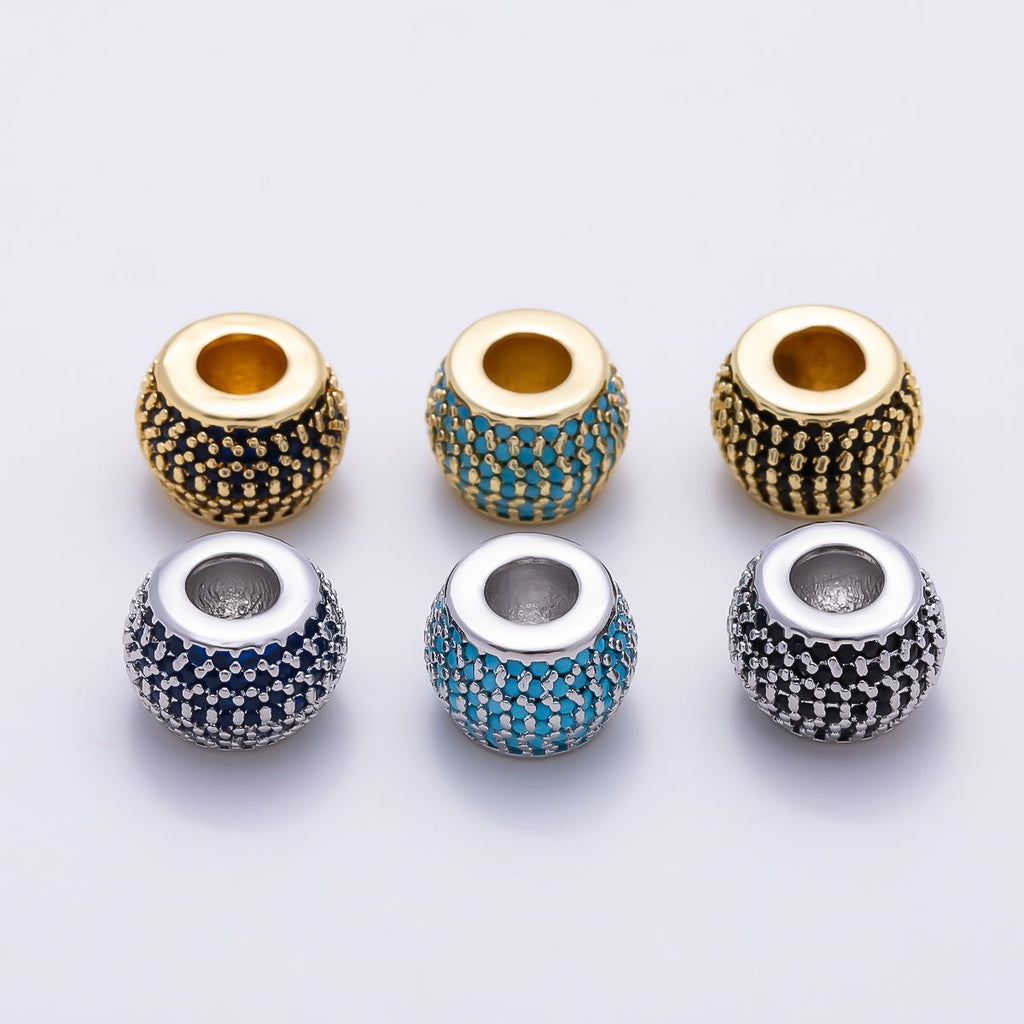 16K Gold Filled 11.5mm Black, Blue, Turquoise Micro Paved CZ Wide Large Hole Rondelle Bead in Gold & Silver | Beads-00521 ~ Beads-00526