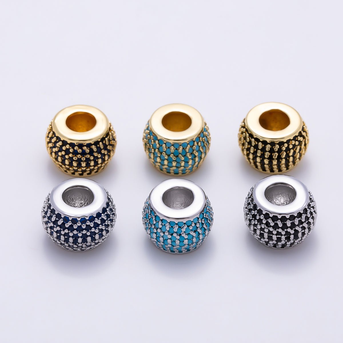 16K Gold Filled 11.5mm Black, Blue, Turquoise Micro Paved CZ Wide Large Hole Rondelle Bead in Gold & Silver | Beads-00521 ~ Beads-00526